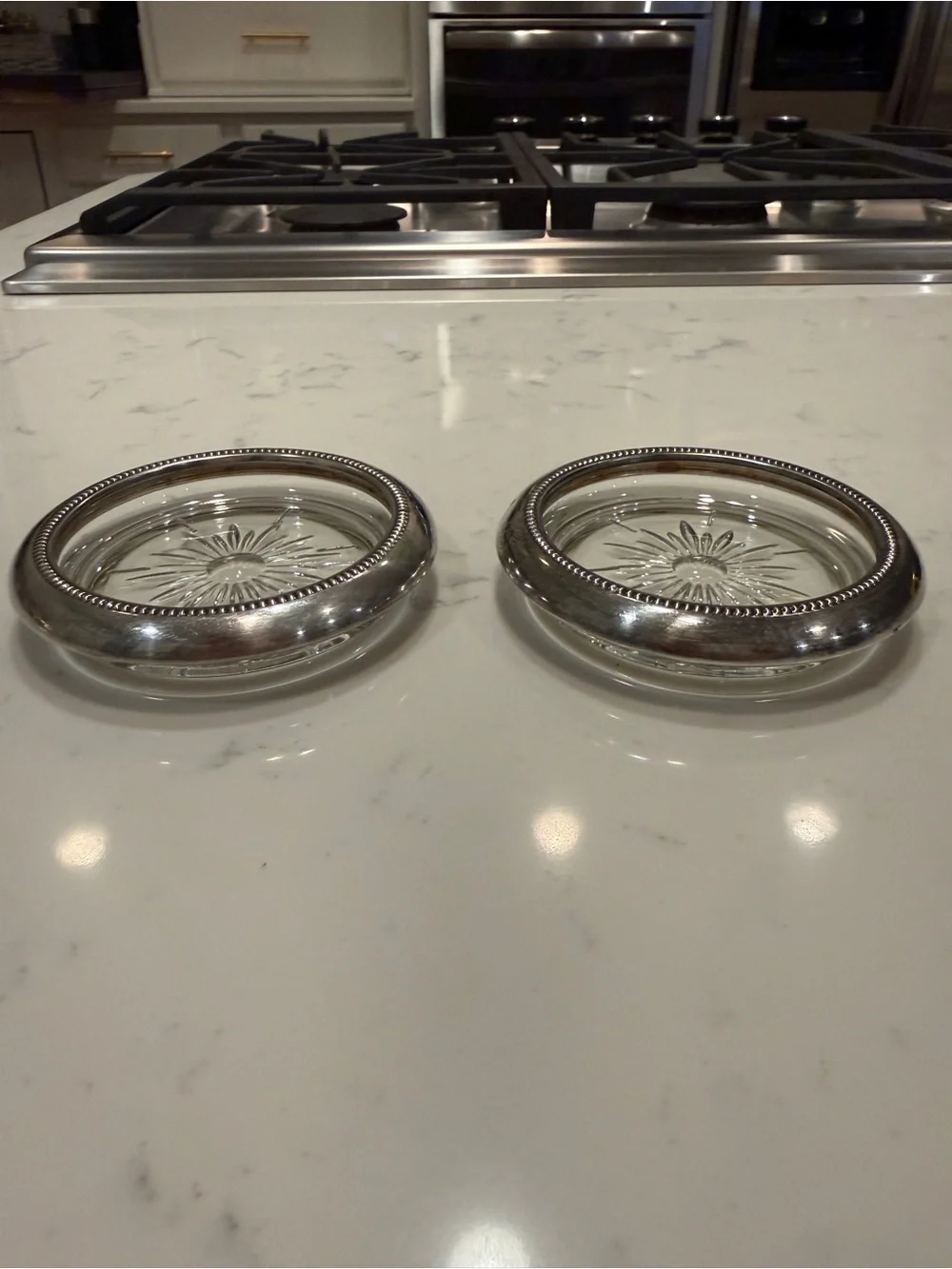 Vintage Leonard Italy Silverplate Glass Coasters Set of 2 Starburst Beaded Rim